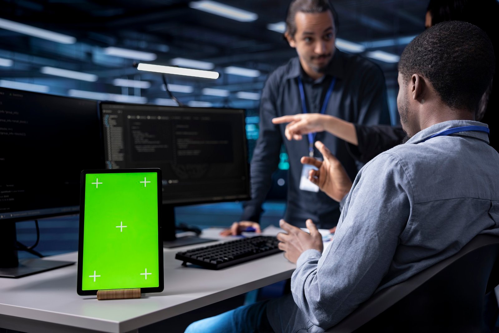 Multiethnic Team Using Green Screen Tablet To Over MVKF9J9