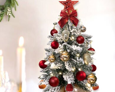 2ft Mini Christmas Tree With Light Artificial Small Tabletop Christmas Decoration With Flocked Snow, Exquisite Decor & Xmas Ornaments For Table Top For Home & Office